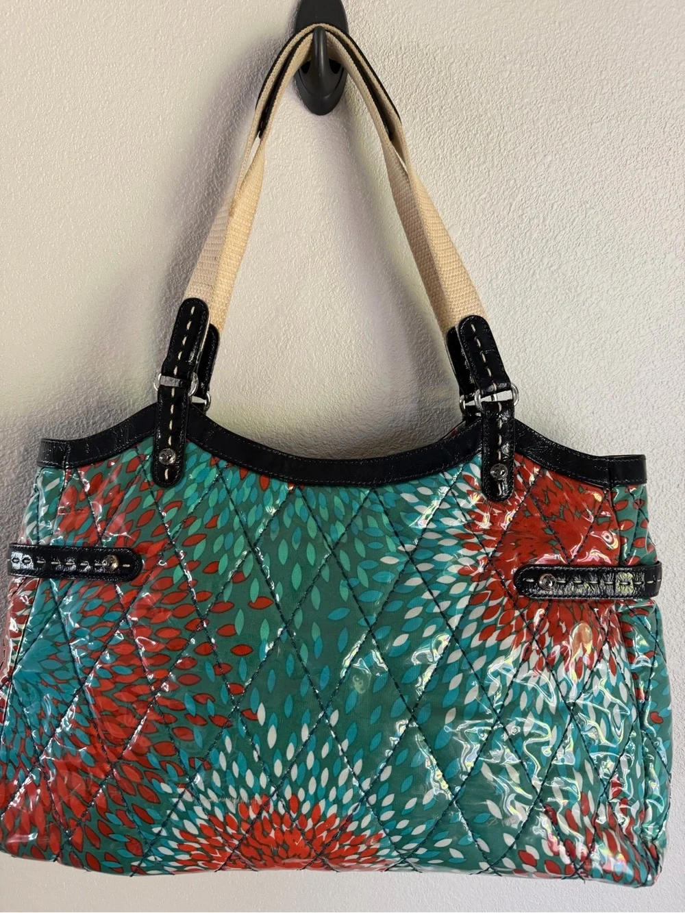 Brighton Purse Laminated Quilted Heart To Heart Large Tote Blue Red
